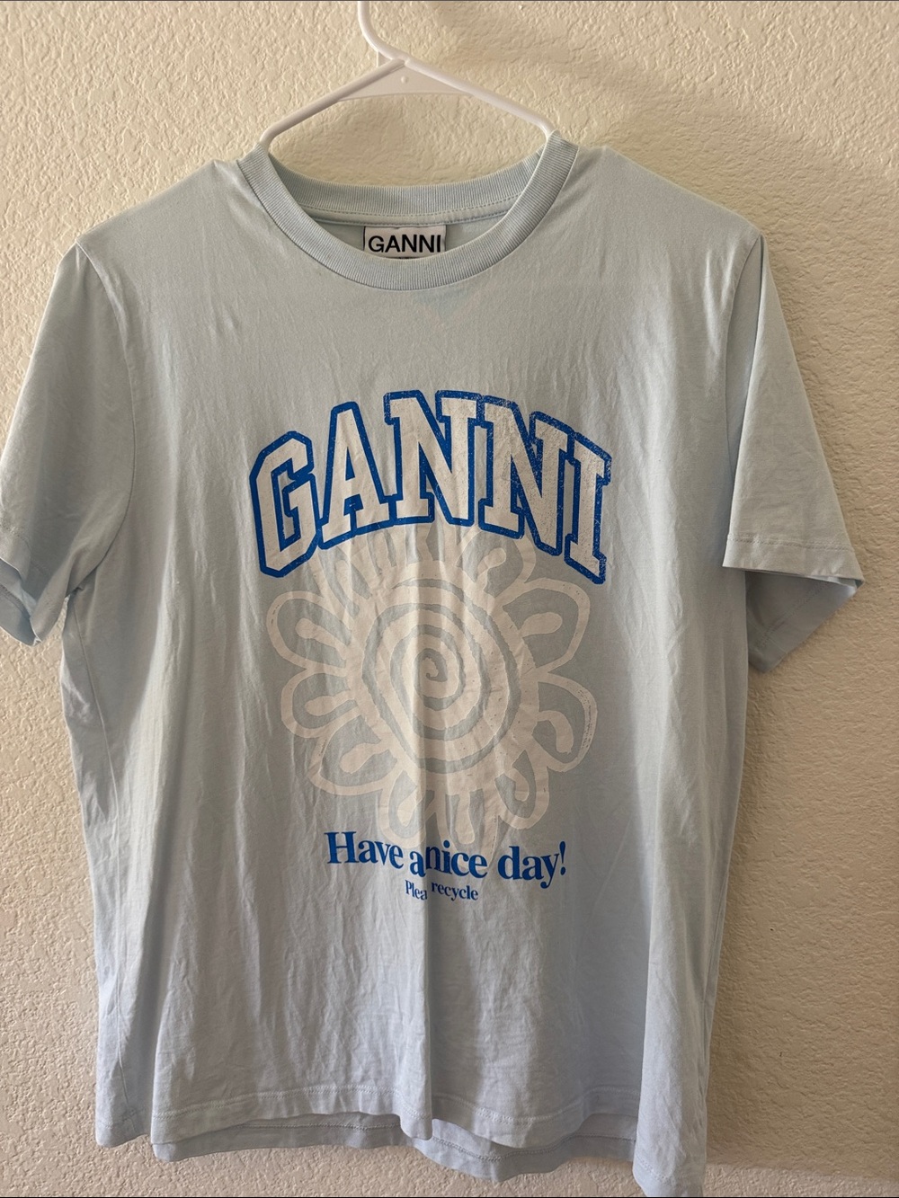 GANNI women's Light Blue Graphic Logo Tee - Have a Nice Day